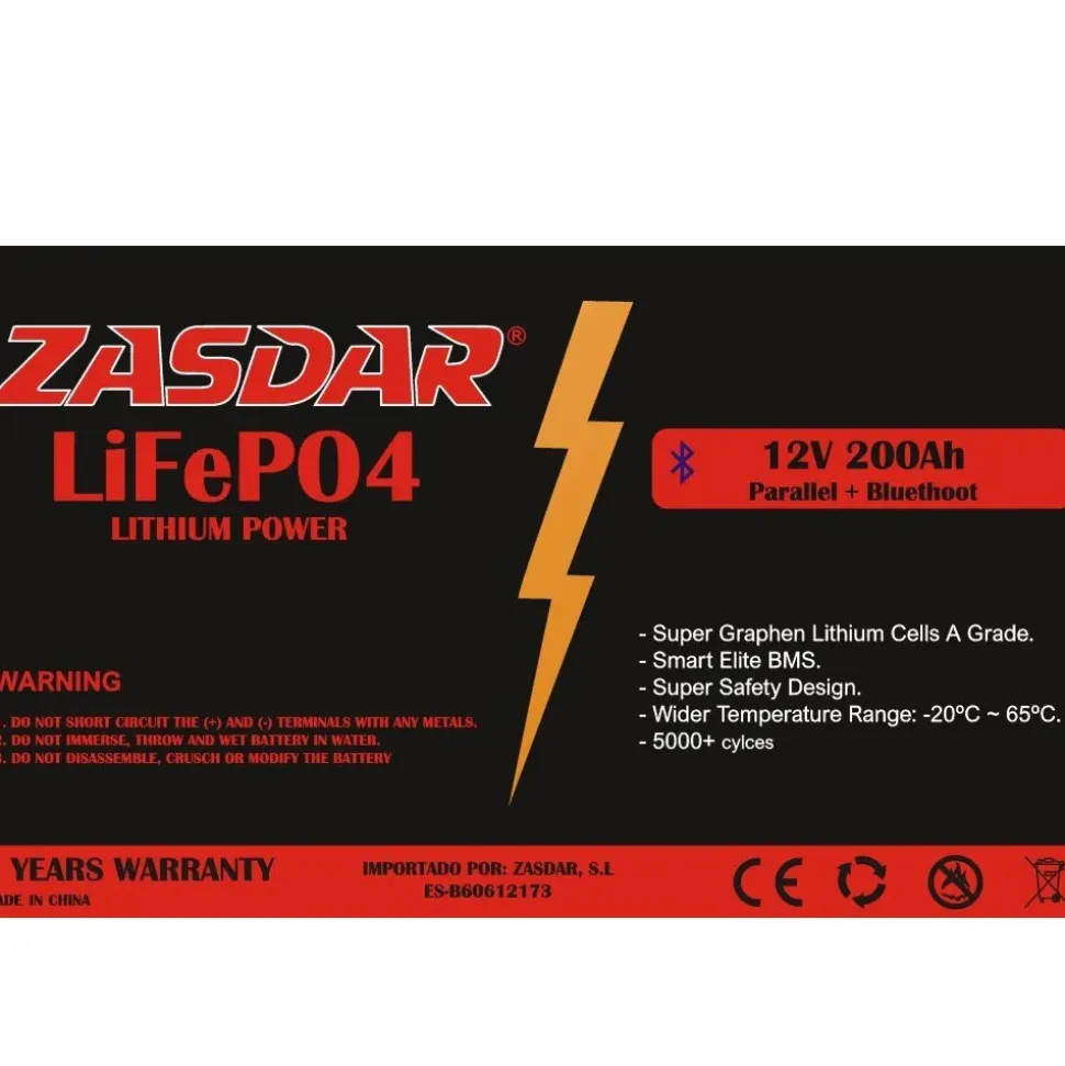 Zasdar Cargador de batería de litio Lifepo4 con Bluetooth 200Ah 12V